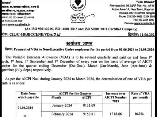 DA Hike In Coal India workers 2024-order released